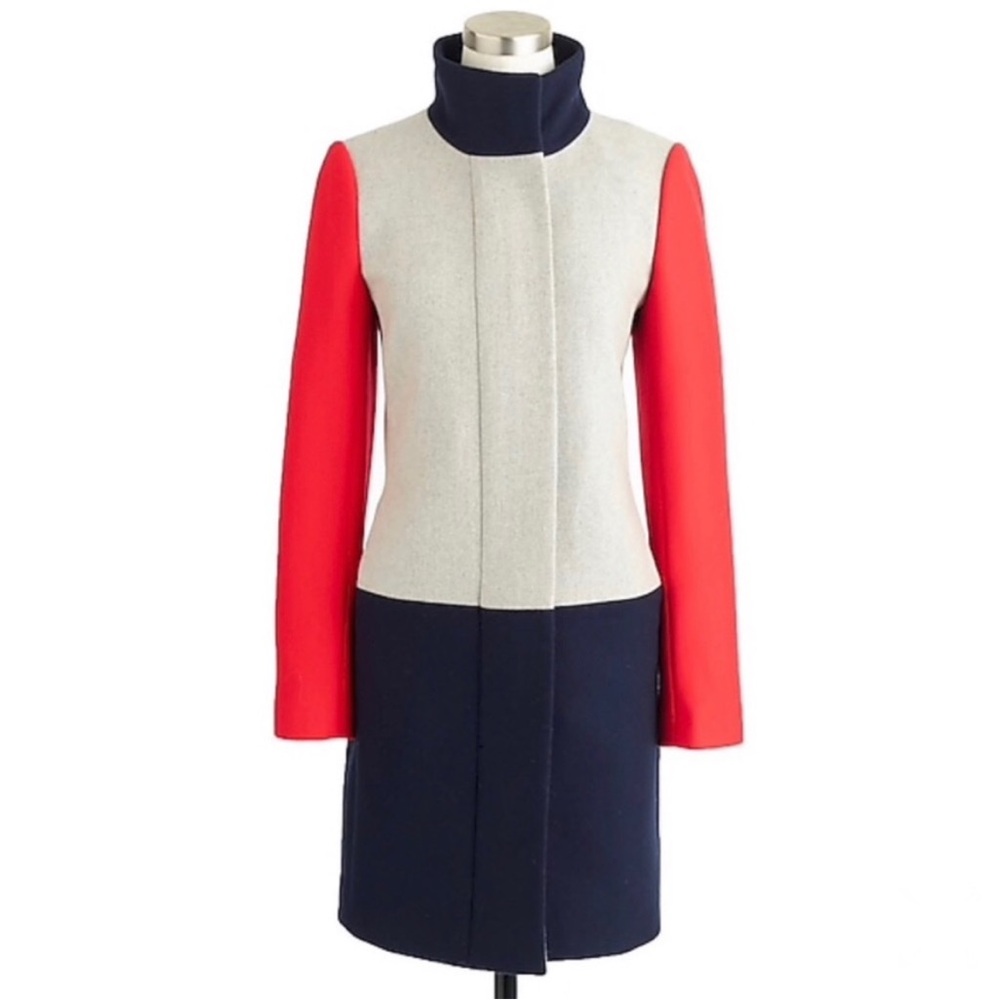 J. Crew Women's Red Colorblock Cocoon Funnelneck Wool Blend Coat - Picture 2 of 5